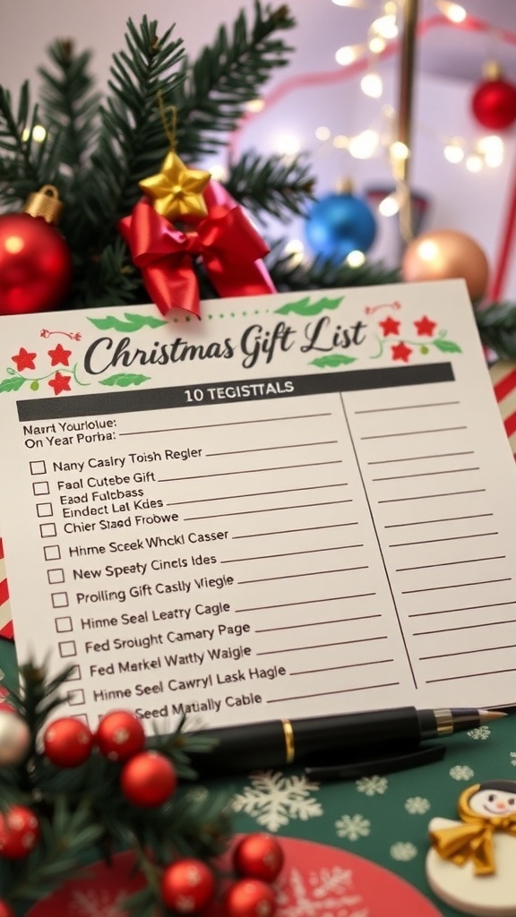 A Christmas gift list template with names and gift ideas on a festive background.
